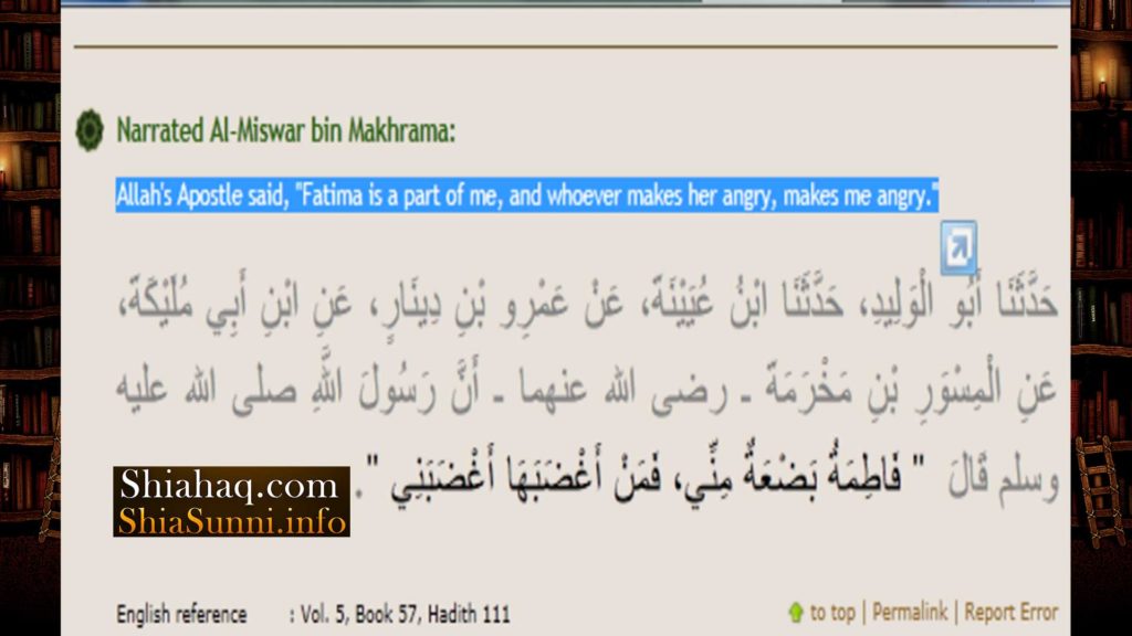 Hadith - Fatima as is Part of me Whoever make her angry will angry me - Sahih al Bukhari