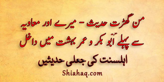 من گھڑت حدیث - میرے اور معاویہ سے پہلے ابو بکر و عمر بہشت میں داخل - اہلسنت کی جعلی حدیثیں